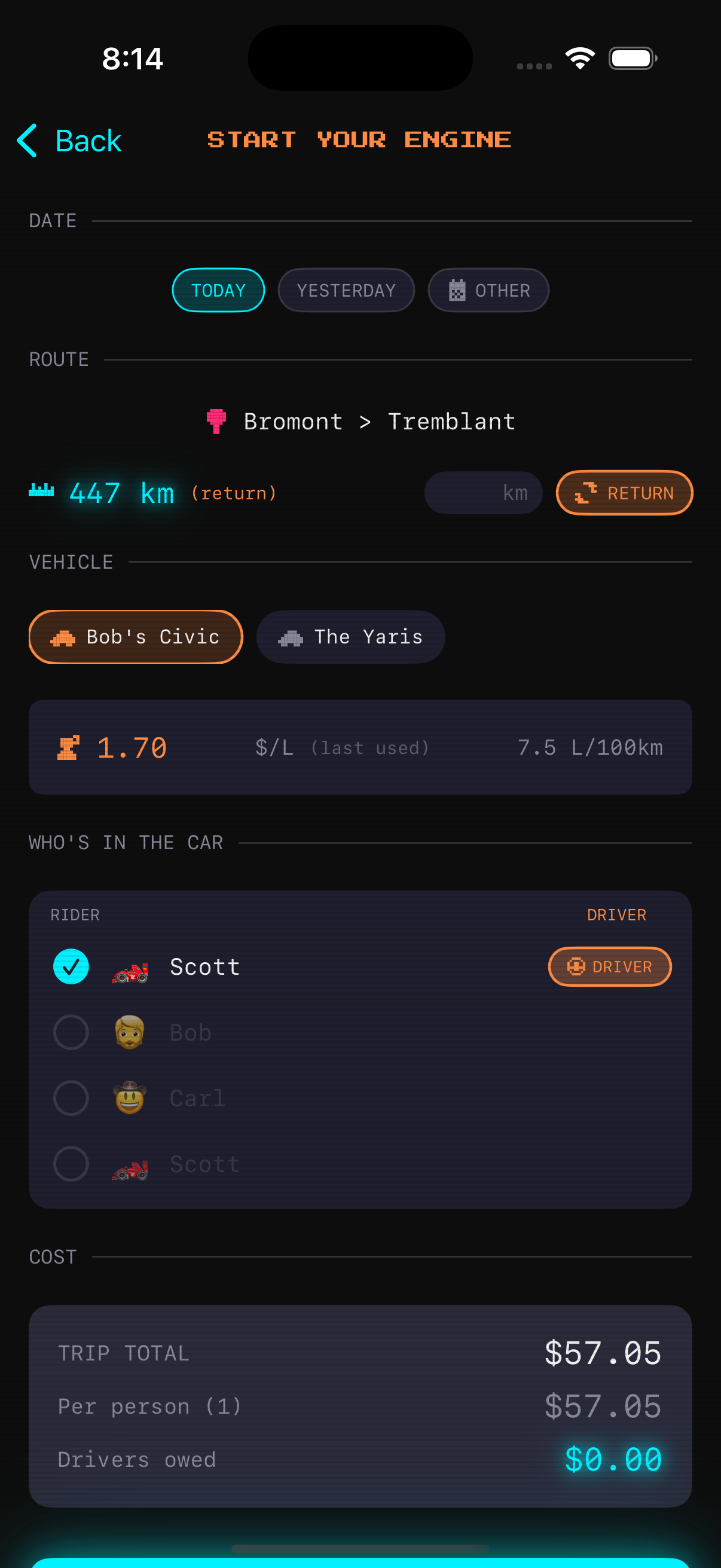 Log Trip screen with automatic cost calculation
